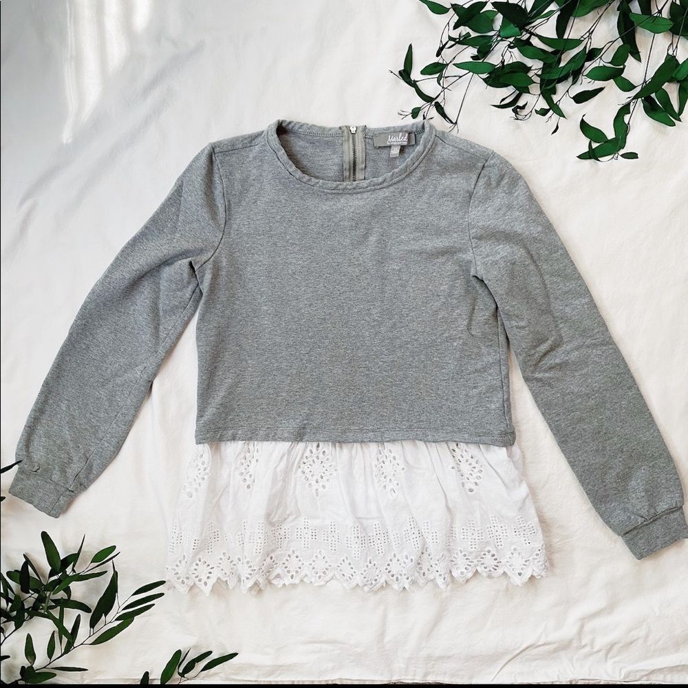 Marled by Reunited Clothing Eyelet Trim Gray Sweatshirt White Layered Blouse Top